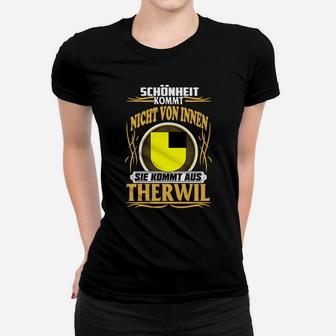 Therwil Slogan Schwarzes Frauen Tshirt, Gelber Aufdruck - Schönheit aus Therwil - Seseable