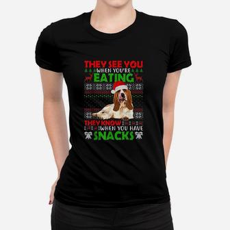 Ugly Sweater Basset Hound They See You Eating Christmas Ladies Tee - Seseable