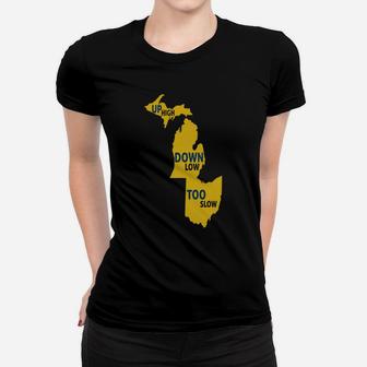 Up High Down Low Too Slow Gold And Blue Ladies Tee - Seseable