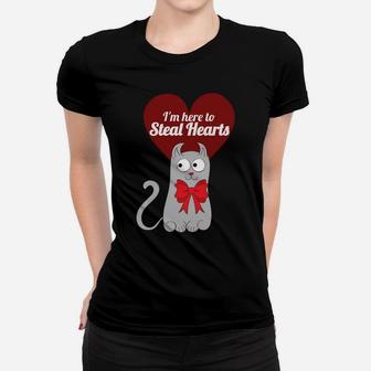 Valentines Cat Lover Heart Red Stealing Hearts Gift Ladies Tee - Seseable