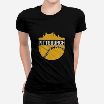 Vintage Downtown Pittsburgh Pa Skyline Baseball Ladies Tee - Seseable