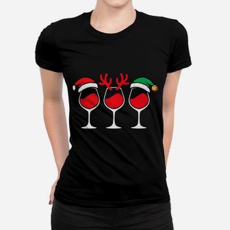 Wine Glass Christmas Elf Santa Hat Reindeer Antlers Ladies Tee - Seseable