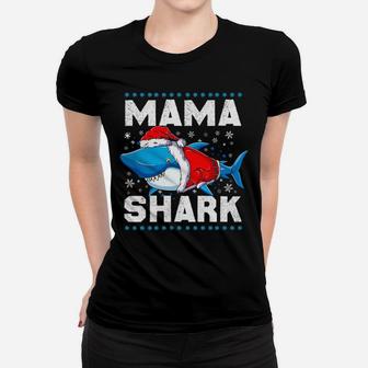 Womens Mama Shark Santa Christmas Family Matching Pajamas Ladies Tee - Seseable