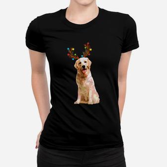 Xmas Funny Golden Retriever With Antlers Christmas Ladies Tee - Seseable