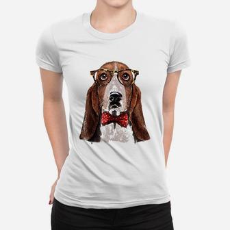 Basset Hound Dog In Classic Eyeglass And Bow Tie Ladies Tee - Seseable