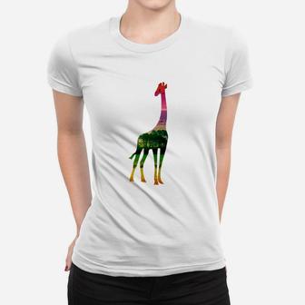 Buntes Giraffenmotiv Unisex-Frauen Tshirt in Weiß, Lustiges Tierdesign Tee - Seseable