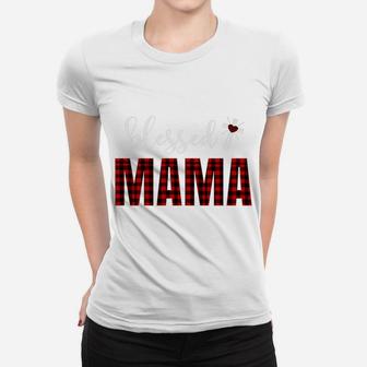 Christian Blessed Mama Trendy Buffalo Plaid Cross Ladies Tee - Seseable