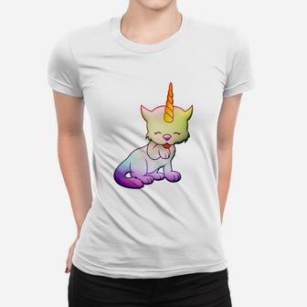 Einhorn-Katze Frauen Tshirt, Weißes Cartoon-Design für Tierfreunde - Seseable