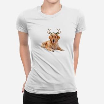 Golden Retriever Dog Reindeer Antlers Funny Christmas Shirt Ladies Tee - Seseable