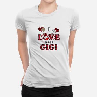 I Love Being A Gigi Gnomes Red Plaid Heart Valentine's Day Ladies Tee - Seseable