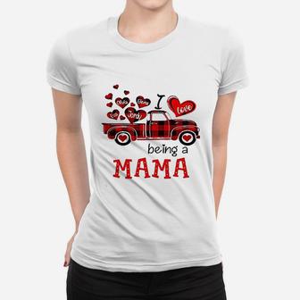 I Love Being A Mama Red Plaid Truck Heart Ladies Tee - Seseable