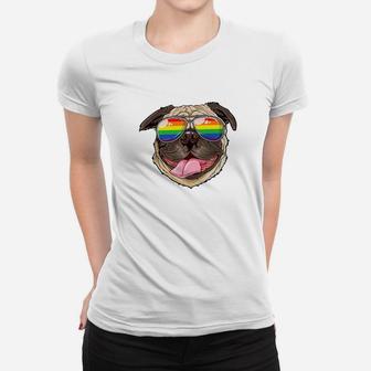 Pug Gay Pride Flag Sunglasses Lgbt Dog Puppy Lovers Ladies Tee - Seseable
