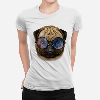 Pug Puppy In Retro Space Galaxy Round Sunglass Dog Ladies Tee - Seseable