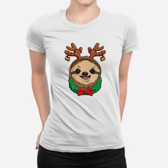 Sloth Christmas Reindeer Antlers Slothmas Xmas Girls Ladies Tee - Seseable