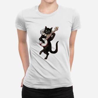 Vintage Silly Weird Cat Playing Banjo Country Cat Lover Ladies Tee - Seseable