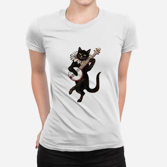 Vintage Silly Weird Cat Playing Banjo Ladies Tee - Seseable