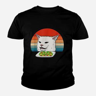 Angry Women Yelling At Confused Cat At Dinner Table Meme Kid T-Shirt - Seseable