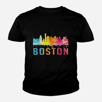 Boston Massachusetts Retro Watercolor Skyline Kid T-Shirt - Seseable