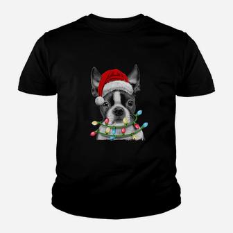 Boston Terrier Santa Christmas Tree Lights Xmas Gifts Boys Kid T-Shirt - Seseable