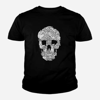 Cat Skull Halloween Funny Goth Punk Emo Graphic Gift Kid T-Shirt - Seseable
