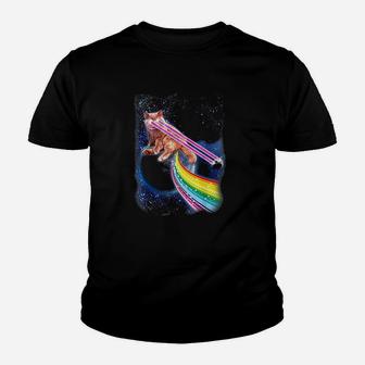 Crazy Space Cat With Eye Lasers And Rainbow Farts Kid T-Shirt - Seseable