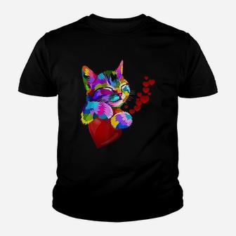 Cute Cat Colorful Funny Valentines Day Hearts Kid T-Shirt - Seseable