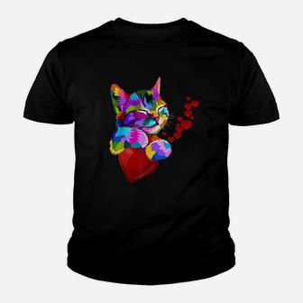 Cute Cat Colorful Funny Valentines Day Hearts Kids Gift Kid T-Shirt - Seseable