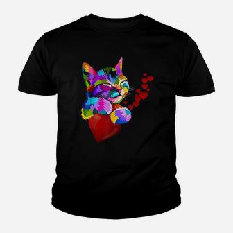 Cute Cat Colorful Funny Valentines Day Hearts Kids Kid T-Shirt - Seseable
