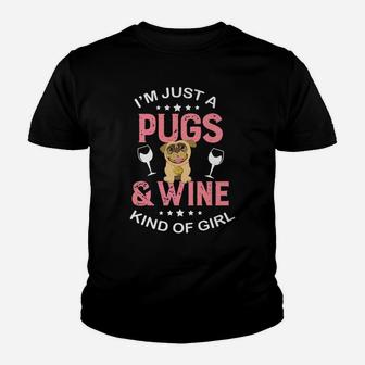 Cute Pugs And Wine Kind Of Girl Funny Pug Lover Gif Kid T-Shirt - Seseable