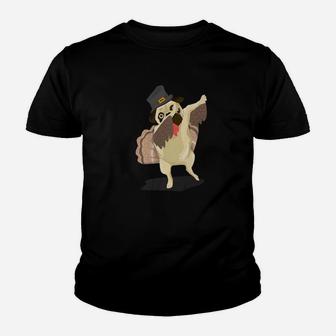 Dabbing Pug Turkey Costume Funny Thanksgiving Day Kid T-Shirt - Seseable