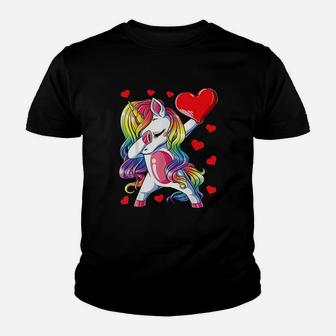 Dabbing Unicorn Heart Valentines Day Girls Kids Rainbow Gift Kid T-Shirt - Seseable
