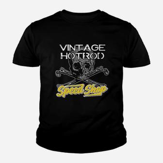 Devil Vintage Speed Shop Skull Crossbones Yellow Racing Garage Kid T-Shirt - Seseable