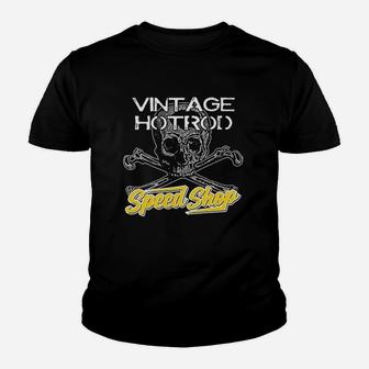 Devil Vintage Speed Shop Skull Crossbones Yellow Racing Garage Kid T-Shirt - Seseable