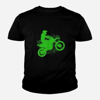 Dirt Bike Rider Tire Tracks Neon Green Motocross Kid T-Shirt - Seseable