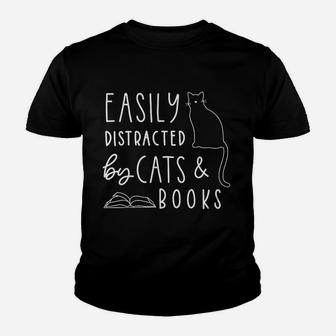Easily Distracted Cats And Books Funny Gift For Cat Lovers Kid T-Shirt - Seseable