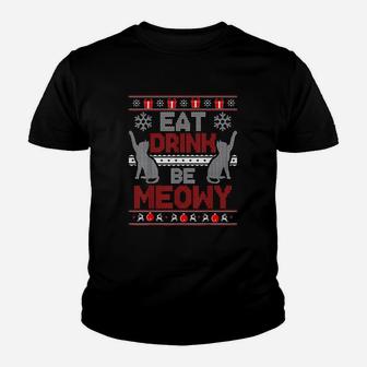 Eat Drink Be Meowy Cat Christmas Ugly Kid T-Shirt - Seseable