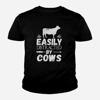 Farmer Funny Gift Easily Distracted By Cows Kid T-Shirt - Seseable