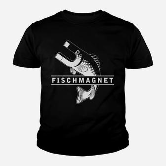 Fischmagnet Angler-Kinder Tshirt, Schwarz mit Magnet & Fisch Design - Seseable