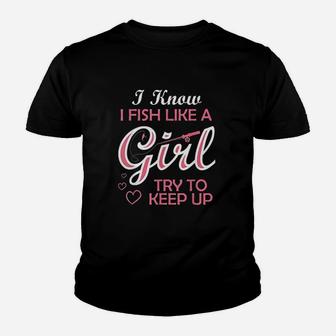 Fishing Girl Try To Keep Up Funny Fishing Kid T-Shirt - Seseable