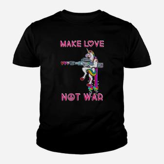 Friedensbotschaft Kinder Tshirt Unisex, Make Love Not War, Einhorn & Gewehr Design - Seseable
