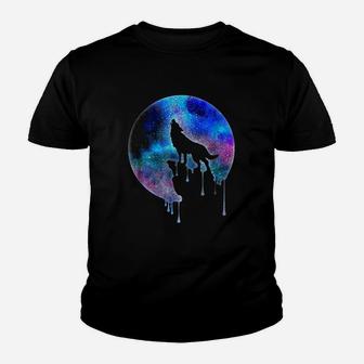 Full Moon Howling Wolf Galaxy Psychedelic Watercolor Kid T-Shirt - Seseable