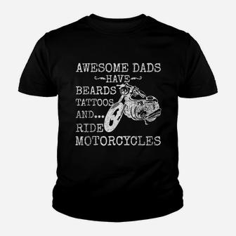 Funny Beard Awesome Dad Beard Tattoos And Motorcycles Kid T-Shirt - Seseable