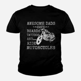 Funny Beard Awesome Dad Beard Tattoos And Motorcycles Kid T-Shirt - Seseable