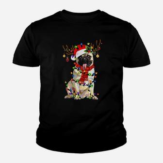 Funny Pug Dog Christmas Reindeer Christmas Lights Kid T-Shirt - Seseable