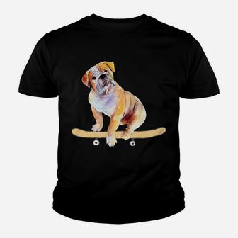 Funny Skateboarding Bulldog Puppy Gift Kid T-Shirt - Seseable