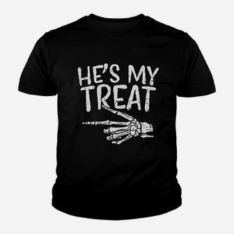 Hes My Treat Skeleton Matching Couple Halloween Costume Hers Kid T-Shirt - Seseable