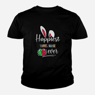 Hoppiest Travel Nurse Ever Bunny Ears Buffalo Plaid Easter Nursing Job Title Kid T-Shirt - Seseable