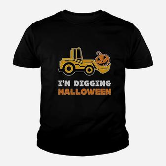 I Am Digging Halloween Pumpkin Face Tractor Toddler Kid T-Shirt - Seseable