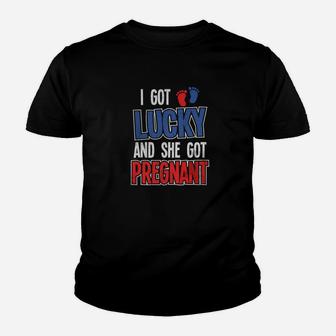 I Got Lucky And She Got Pregnan First Time Dad Kid T-Shirt - Seseable