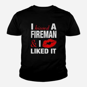 I Kissed A Fireman Funny Firefighters Girlfriend Wife Gift Kid T-Shirt - Seseable